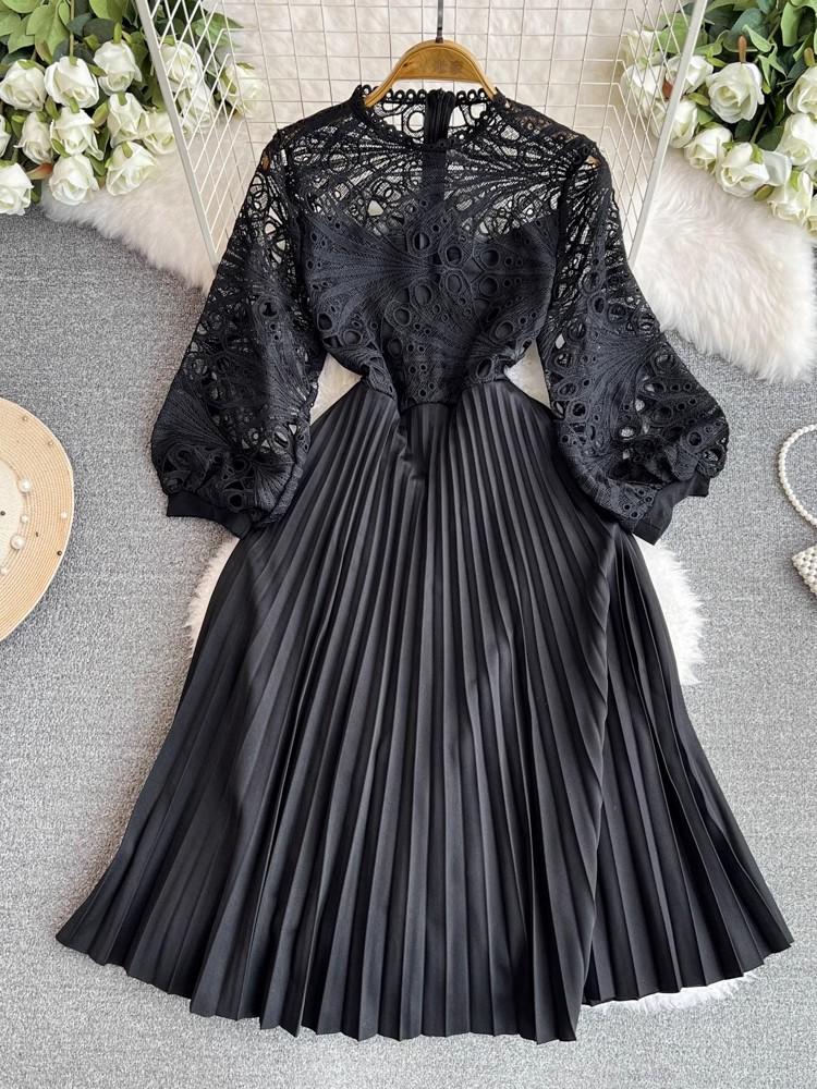 Pink Crochet Lace Hollow Out Embroidery Patchwork Pleated Dress New Summer Women O Neck Lantern Sleeve Slim Holiday Party Dress