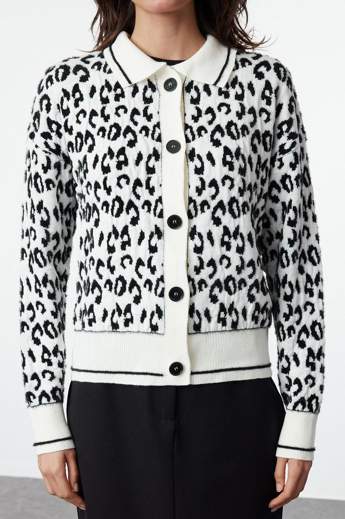 Женский модный стильный кардиган, черный мягкий текстурированный леопардовый узор, воротник-поло, трикотаж, кардиган