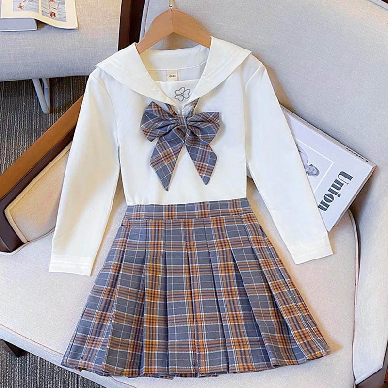 Комплект из двух предметов: юбка в клетку с длинными рукавами для девочек JK — стиль колледжа