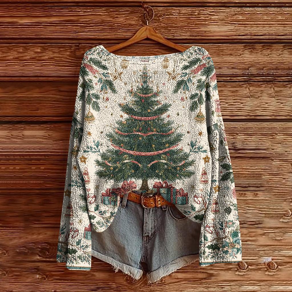 Women's Christmas Print Lightweight Sweater Casual Long Sleeve Knitted Pullover