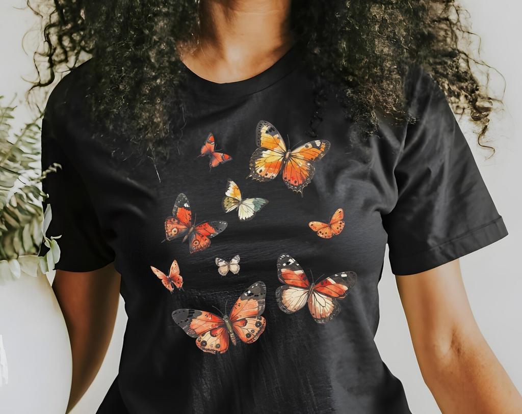 Colorful Butterflies Flying T-Shirt | Unisex Short Sleeve Tee | Bella Canvas 3001 | Cute Butterfly Tee | Nature Bird Animal Shirt