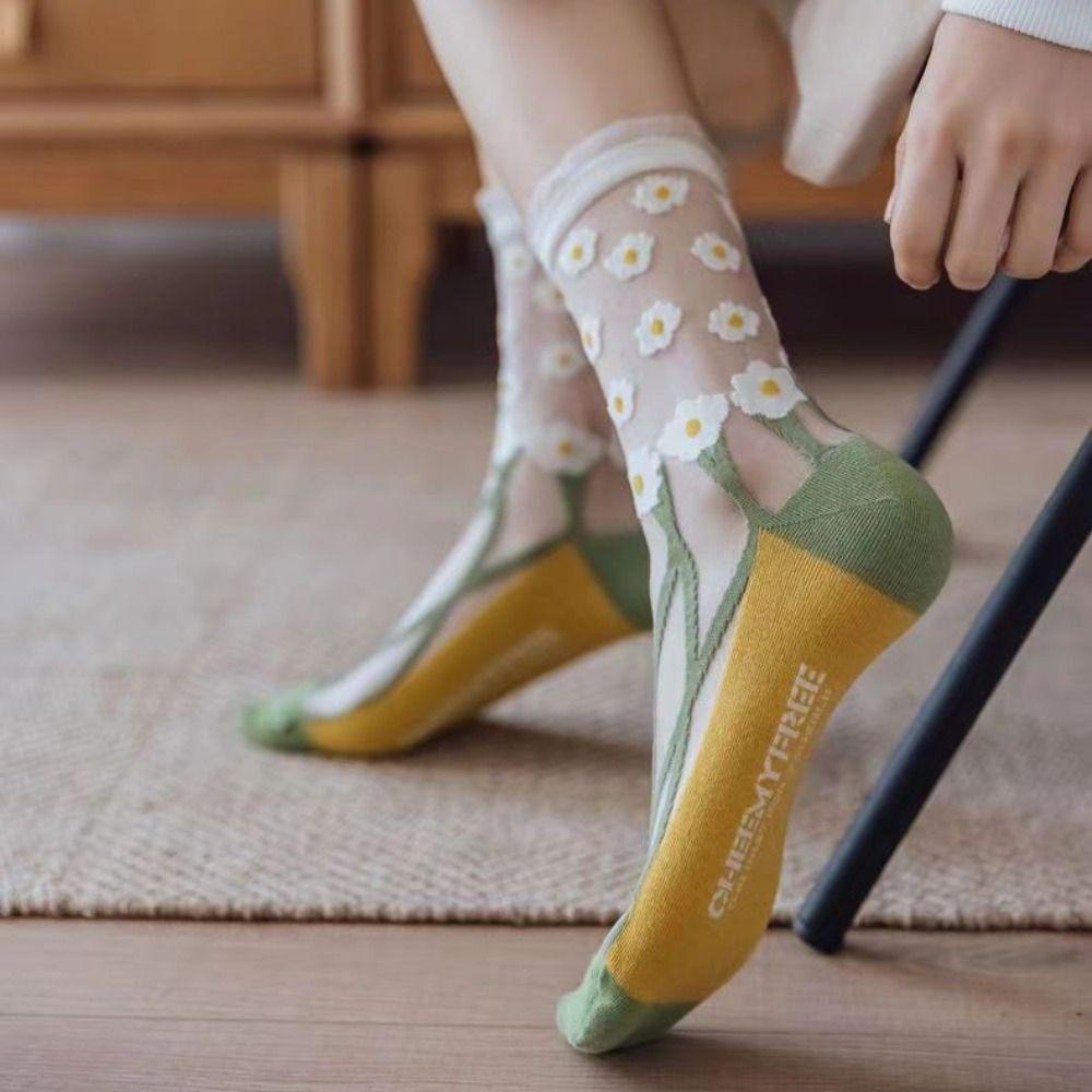 Sweet Floral Print Mid-calf Socks Ultra-Thin Crystal Silk Socks Casual Wear