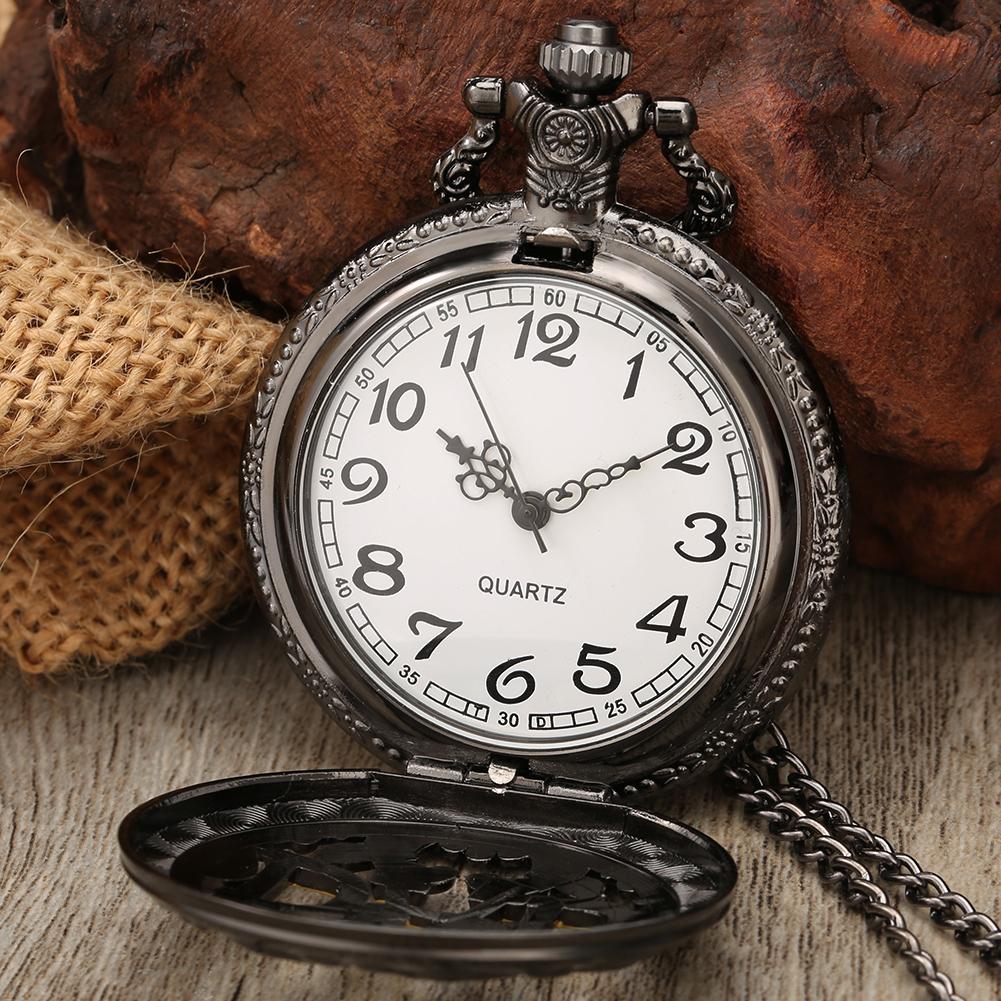 Vintage Black Hollow DAD Quartz Pocket Watch Arabic Numerals Dial Fob Chain Pocket Timepiece Necklace Watch Gift Men