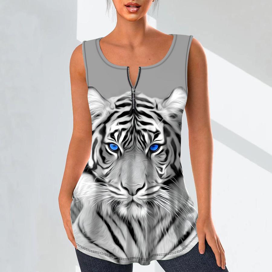 Women's Fashion V Neck Shirts Casual Tops T-shirt Ladies 3D A Mighty Tiger Print Vest Plus Size Sleeveless Blouse Tank Tops