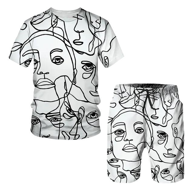 Мужской спортивный комплект, состоящий из 2 предметов, пляжный повседневный спортивный костюм с короткими рукавами и принтом, футболки с абстрактным узором, шорты с эластичной резинкой на талии, брюки, комплекты спортивных костюмов