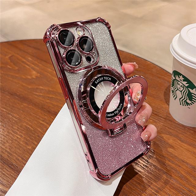 For iPhone 15 Pro Max Luxury Plating Magsafe Magnetic Stand Flash Phone Case For iPhone 11 12 13 14 16Plus Lens Protective Cover
