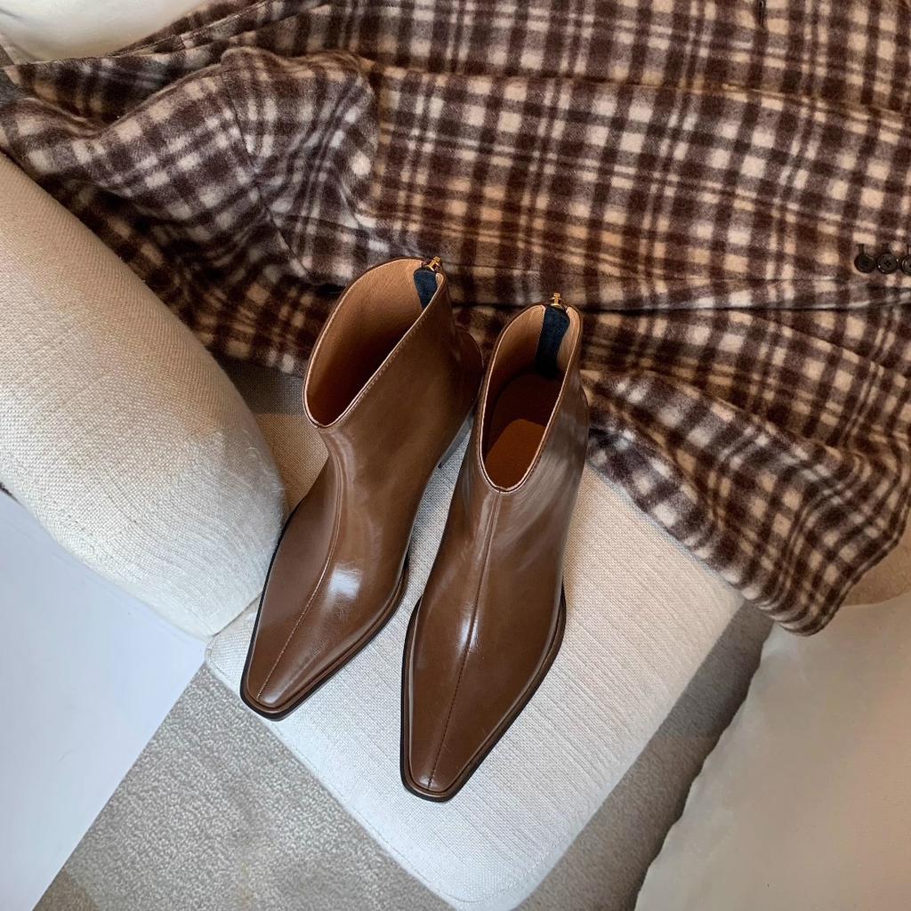 Версия из коровьей кожи~ Французские маленькие ботинки кожаные с острым носком V-образным вырезом короткие ковбойские ботинки женские на толстом каблуке высоком каблуке и ботильоны ботинки Мартин