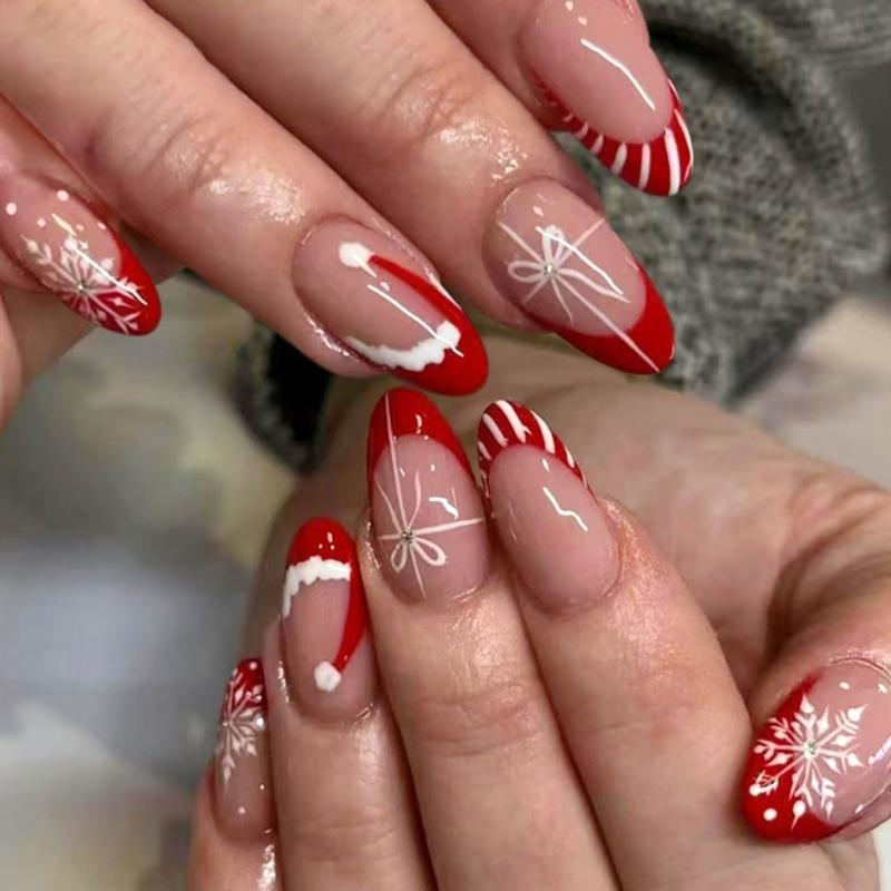 Sparkling Snowflake French Manicure Press On Nail 24Pieces Red White Stripes Christmas Design Artificial Nail