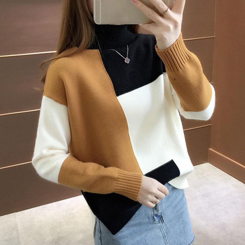 Женский вязаный пуловер, свитер, осень-зима, теплая водолазка, вязаная одежда, пуловер с цветными блоками, свободный повседневный пригородный пуловер