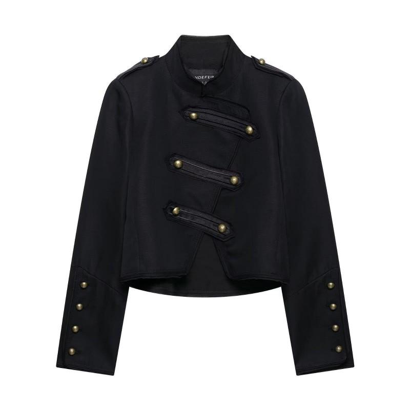 Womens Black Short Sweet Chic Coat With Half Turtleneck Single-Row Buttons Long Sleeve Outerwear