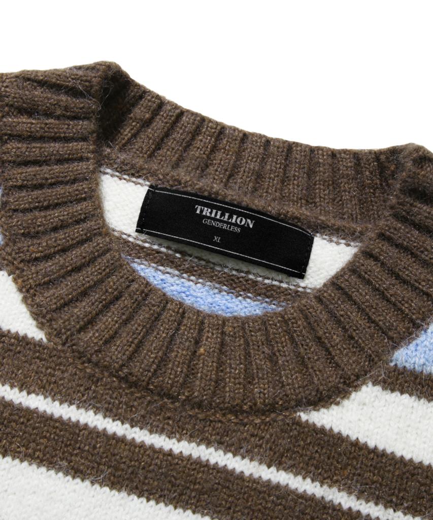 TRILLION Washable Hairy Stripe Crewneck Knit_Brown