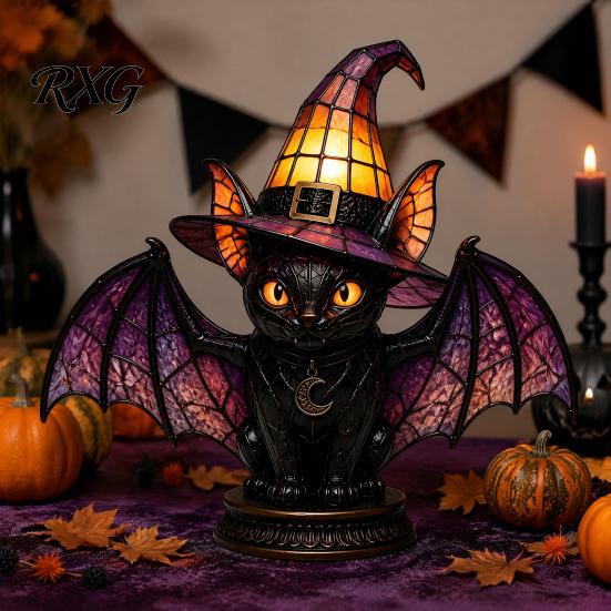 Dark Aesthetic Gothic Ornament Black Cat Witch Hat Table Lamp, with Dreamy Purple Light, Lamp Retro Halloween Ornament, for Bedroom Bedside
