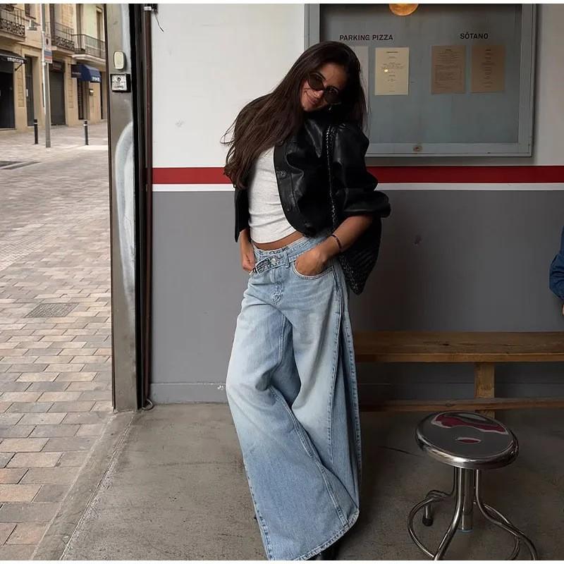 2026 Womens Wide Leg Denim Pants With Detachable Belt Loose Fit Straight Cut Mid-Rise Streetwear Style