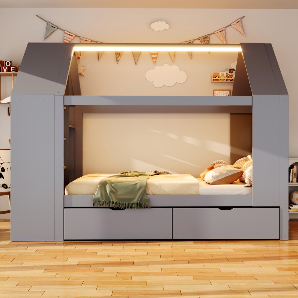 Children's Bed 90*200cm, House-Shaped Design, Two Drawers, LED, Storage Space, Multifunctional Bed, for Children, Teenagers, Grey