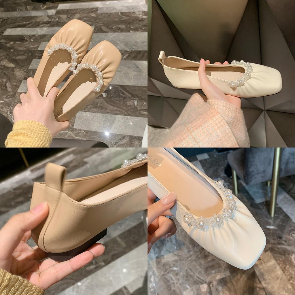 Gentle Pearl Grandmother Shoes Shallow Mouth Square Head Soft Flat Bottom Temperament Single Shoe Female Summer