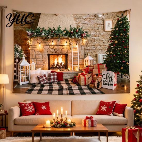 Wall Decor for Christmas Tapestry, Winter Snow Scene Backdrop, Xmas Tree Fireplace Backdrop Hanging Tapestry Bedroom Living Room Holiday Microfiber