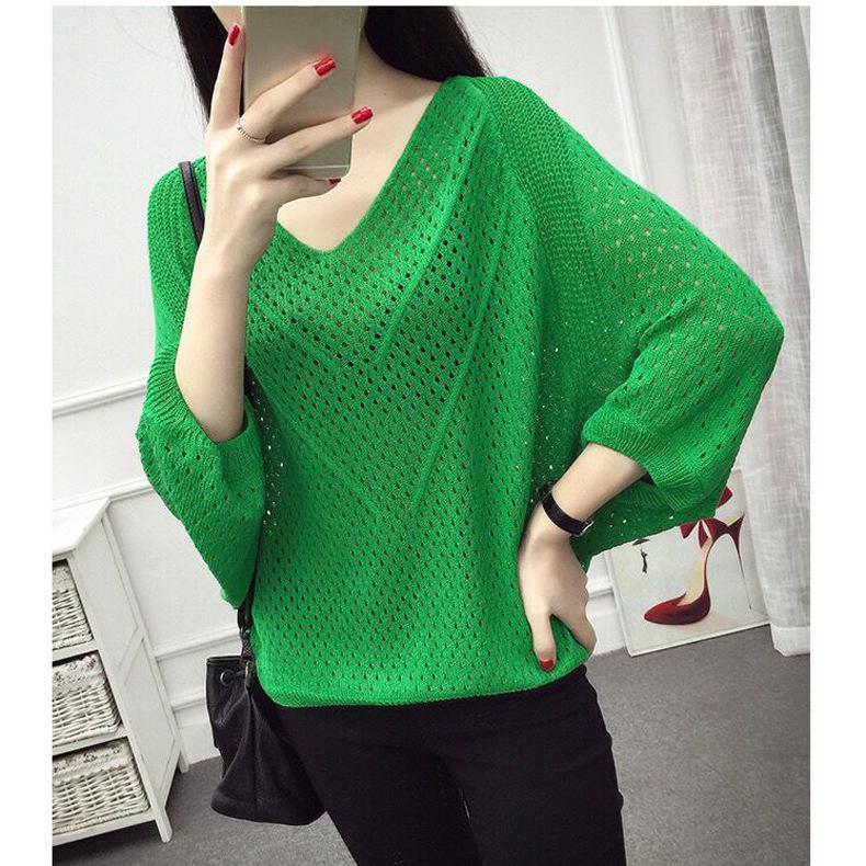 Тонкий пуловер с v-образным вырезом, вязаный свитер, женские топы, большой размер, свитер со скелетом и семиминутными рукавами, женская свободная рубашка