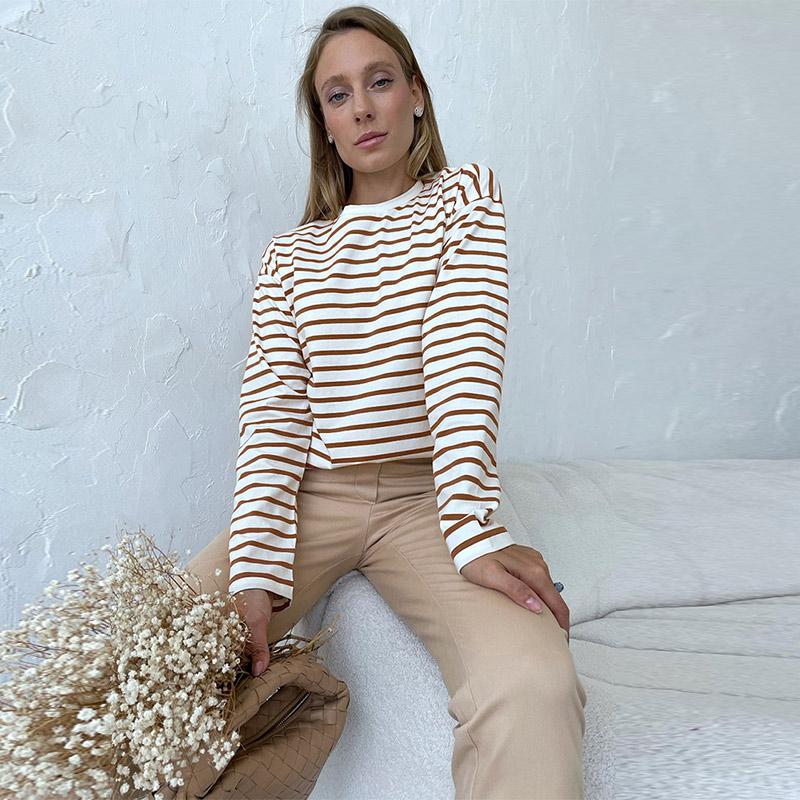 Уютные свободные футболки с длинным рукавом в полоску для женщин, осенние базовые повседневные хлопковые топы с круглым вырезом, блузка в уличном стиле
