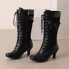 Женские ботинки на высоком каблуке, осенне-зимние новые милые и универсальные женские ботинки в римском стиле на толстом каблуке с кружевом и сращиванием