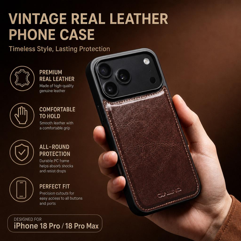 For IPhone 18 17 Pro Max Retro Genuine Leather Case Handmade Cowhide Business Phone Back Cover for IPhone 18 17 Pro Max