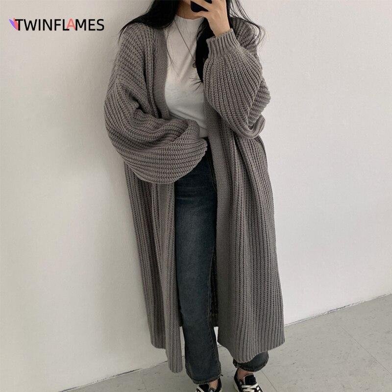 Women's Knitted Cardigan Korean Fashion Clothes Autumn Chic Argyle Vintage Sweater Lantern Sleeve Loose Jumper Coat