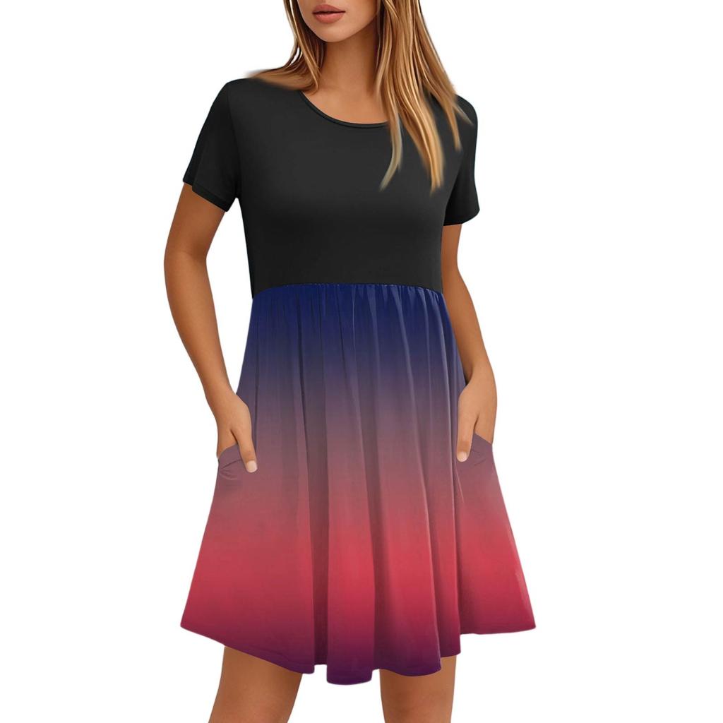 Женские модные повседневные свободные платья с круглым вырезом и коротким рукавом с принтом и карманами