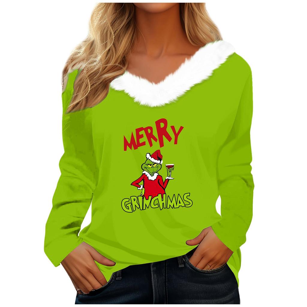 Women's T Shirt Tee Christmas Shirt Long Sleeve Party Christmas Fleece Collar V Neck Top