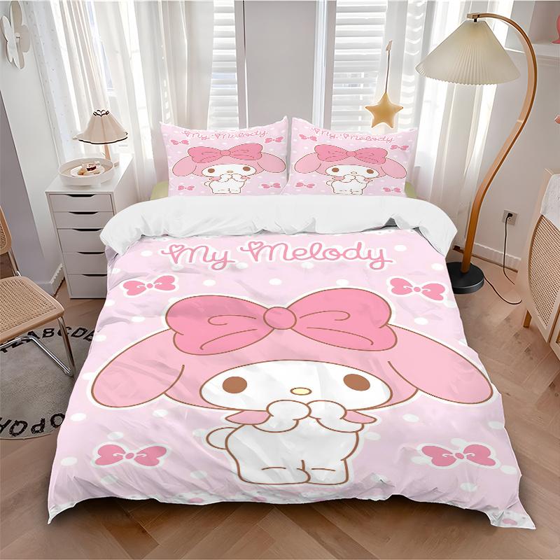 3pcs My Melody Cute Pink Bow Wallpaper Printed Quilt Set - Soft and Comfortable Quilt Cover for Bedroom, Guest Room H073