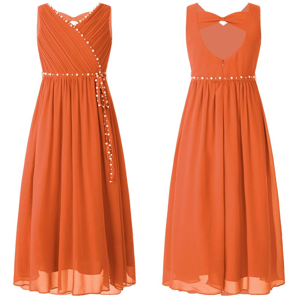 Flower Girls Dress Elegant Beaded Chiffon Party Summer Dress Ruched V Neck Sleeveless Dress for Bridesmaid Wedding