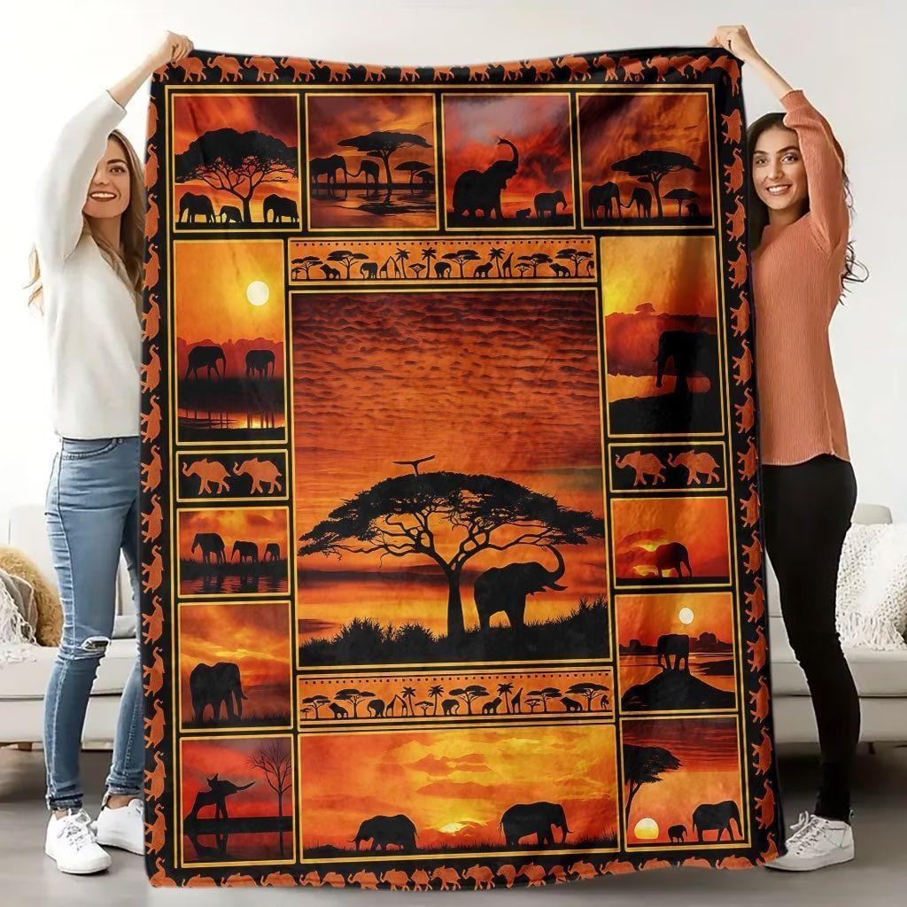 African Sunset Elephant Print Blanket - Suitable for All Seasons, Perfect for Sofa, As Well As for Covering The Living Room