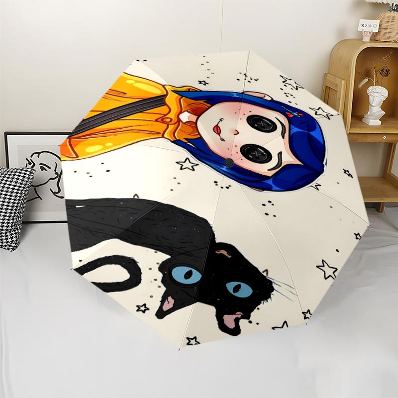 Coraline Print Automatic Umbrella, 8 Rib Iron Frame, Plastic Handle, Suitable for Outdoor Travel &Daily , Ideal Gift