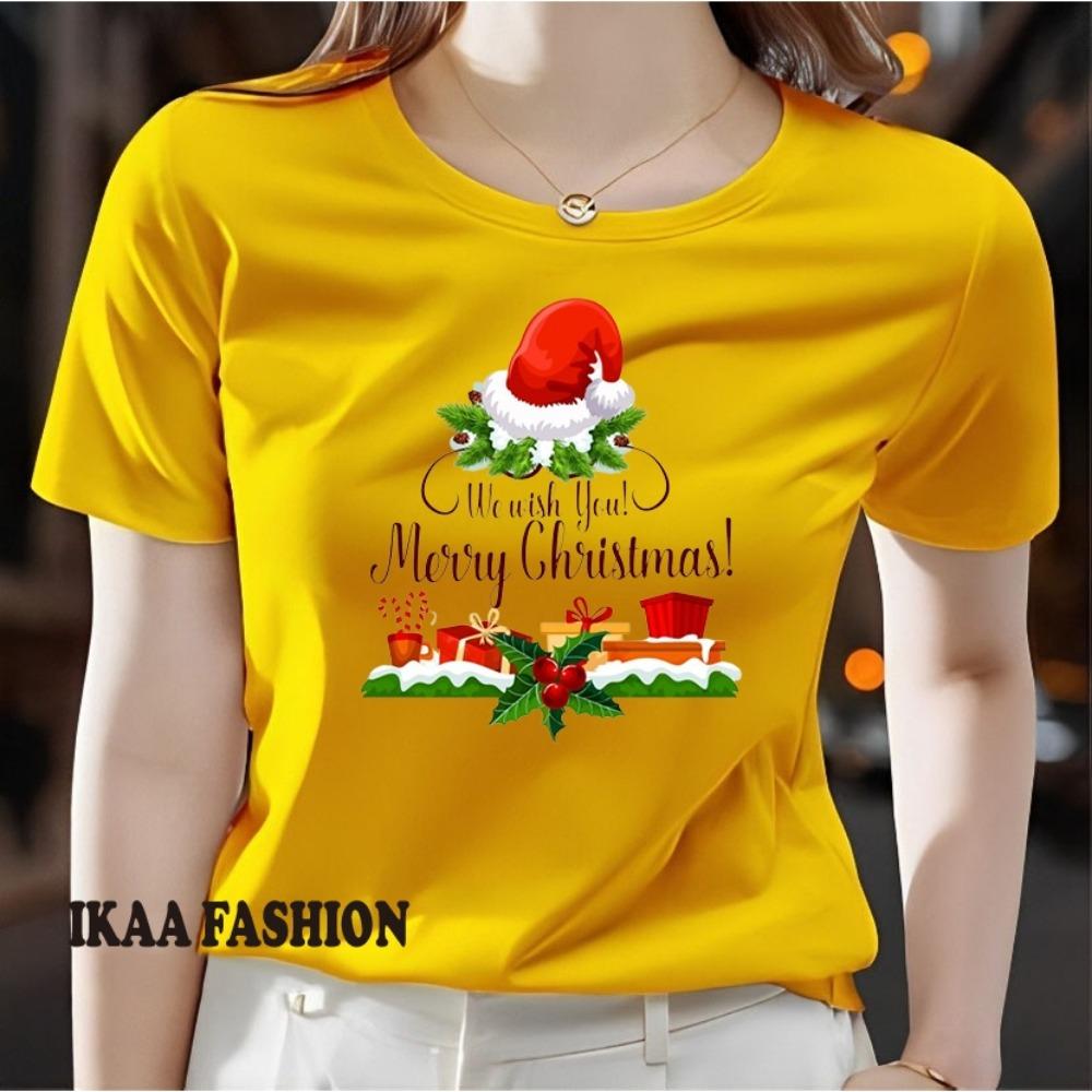 Ladies' Christmas Element Pattern Printed T-shirt - Short Sleeve Round Neck Casual Top