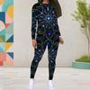 Women Plus Size Black Teal Gold Printed Round Neck Long Sleeve Top And Fitted Pants Two Piece Set