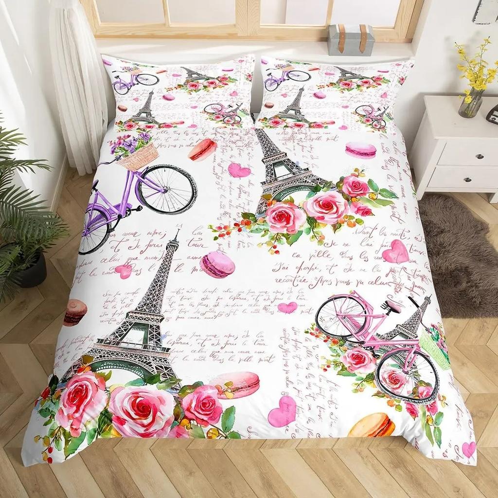 3D Pink Bedding Set Paris Eiffel Tower Print Cozy Duvet Cover Set King Queen Twin Single Size Birthday Gift Girl Bedroom Decor