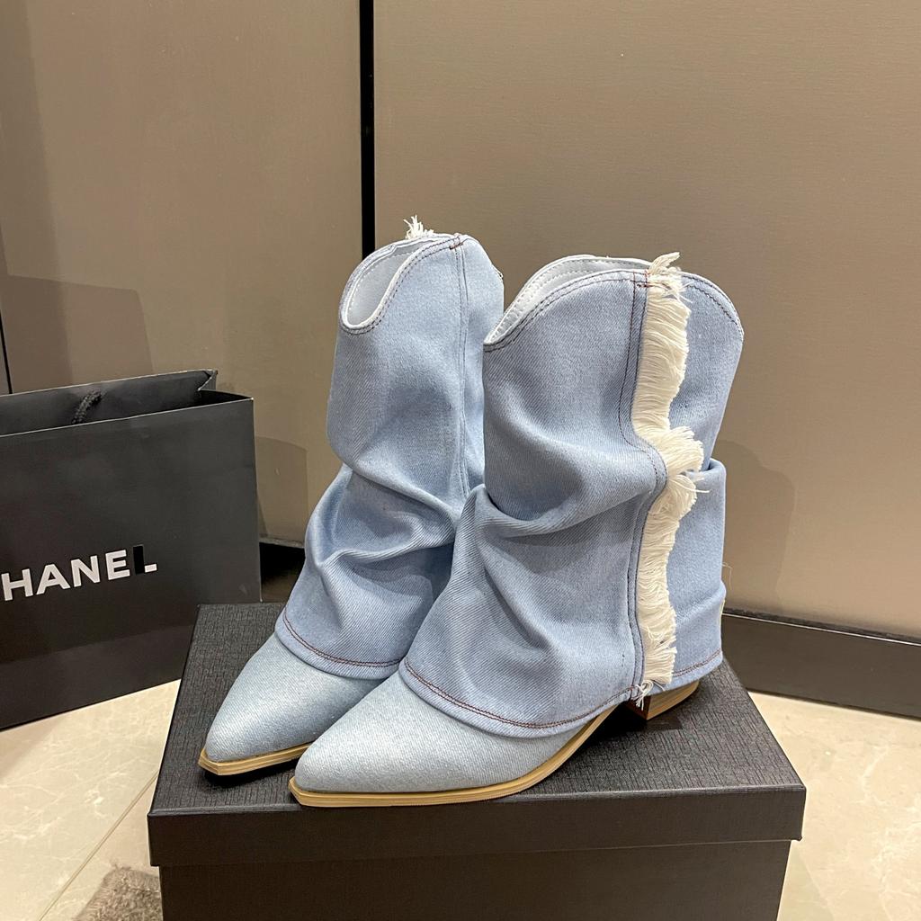 Европейские и американские остроносые ковбойские сапоги в западном стиле женские 2025 с бахромой, сапоги-трубы, толстый каблук, большой размер, рукав, короткие сапоги, женские ретро-западные