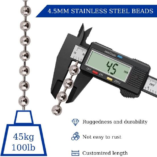 50ft Ball Bead Chain, #10 Stainless Steel Ball Chain, Roller Shade Chain&Vertical Window Blinds, Dog Tag Chain, Bead Chains for Jewelry Making/Crafts