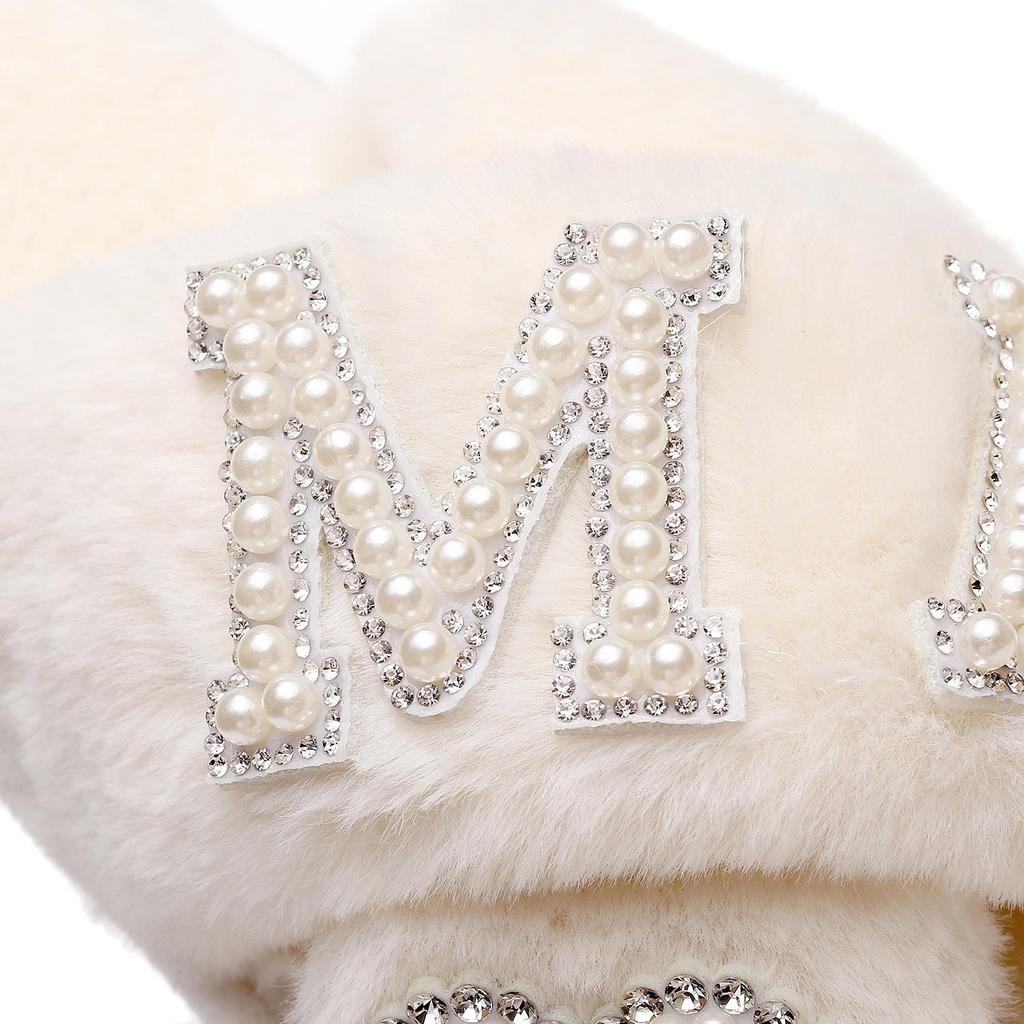 Pearl Letter MRS Plush Cross-Band Slippers for Bridesmaids
