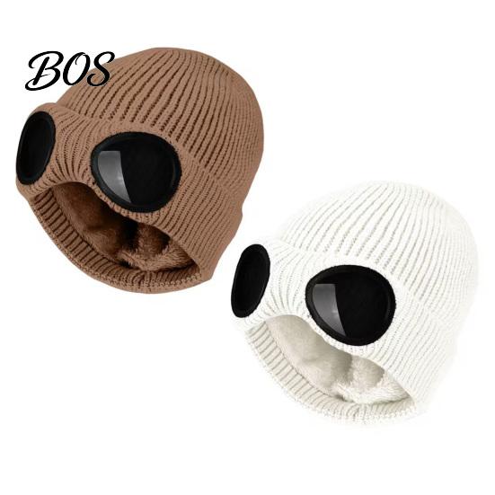 Snow Proof Outdoor Cycling Hat 2Pcs Fleece Lined Hats with Goggles, Warm Winter Knit Stretchy Brimless Eye Protection Hats, Windproof Skiing Caps for