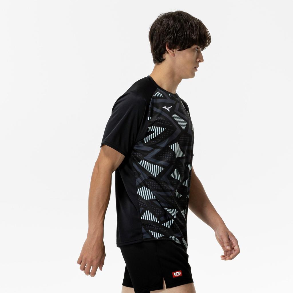 Mizuno Игра в настольный теннис Короткая футболка JTTA черная, рукав, сертифицированная, влагоотводящая, быстросохнущая, унисекс, 82JAC104,