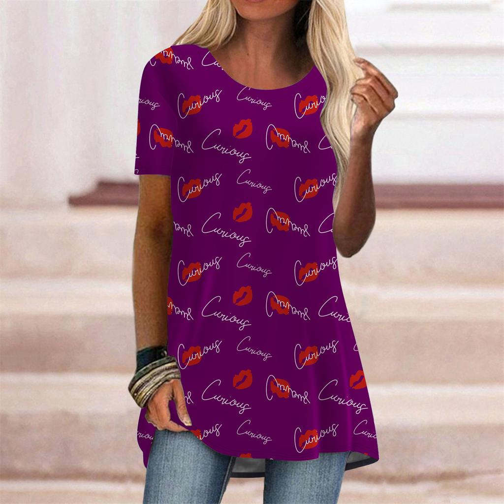Plus Size Women Summer Sexy Lips Printed Comfy Short Sleeve Round Collar T-shirt Casual Baggy Mid Length Tee Tops