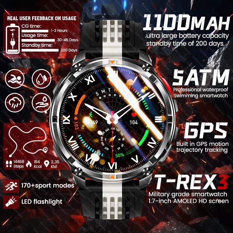 2026 Новые Военные Мужские Умные Часы T-Rex3 Ultra с GPS-трекером, Аккумулятором 1100 мАч, Bluetooth-звонками, Водонепроницаемые, Фонарик, Компас, Уличные Умные Часы