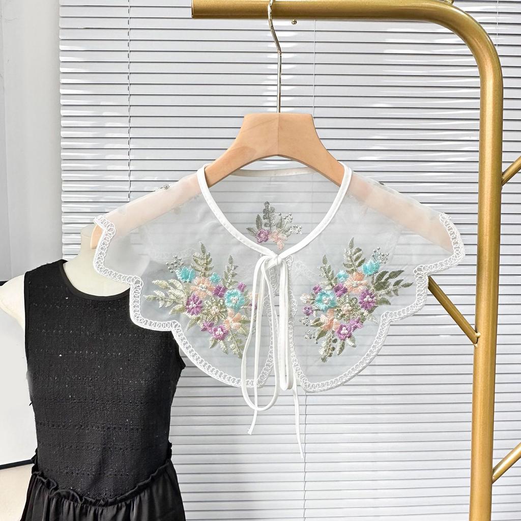 Elegant Organza Colorful Floral Embroidered Beaded Faux Collar for Fashionable Women Detachable Collar Shawl Capelet