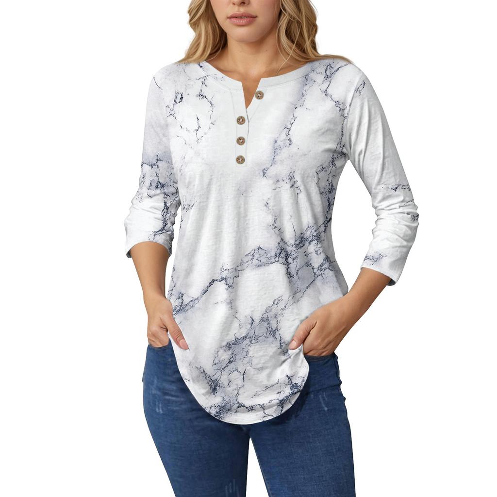 3/4 Length Sleeve Womens Tops Summer T-Shirts Floral Print V Neck Casual Basic Tee Button Shirts Tunic Tops