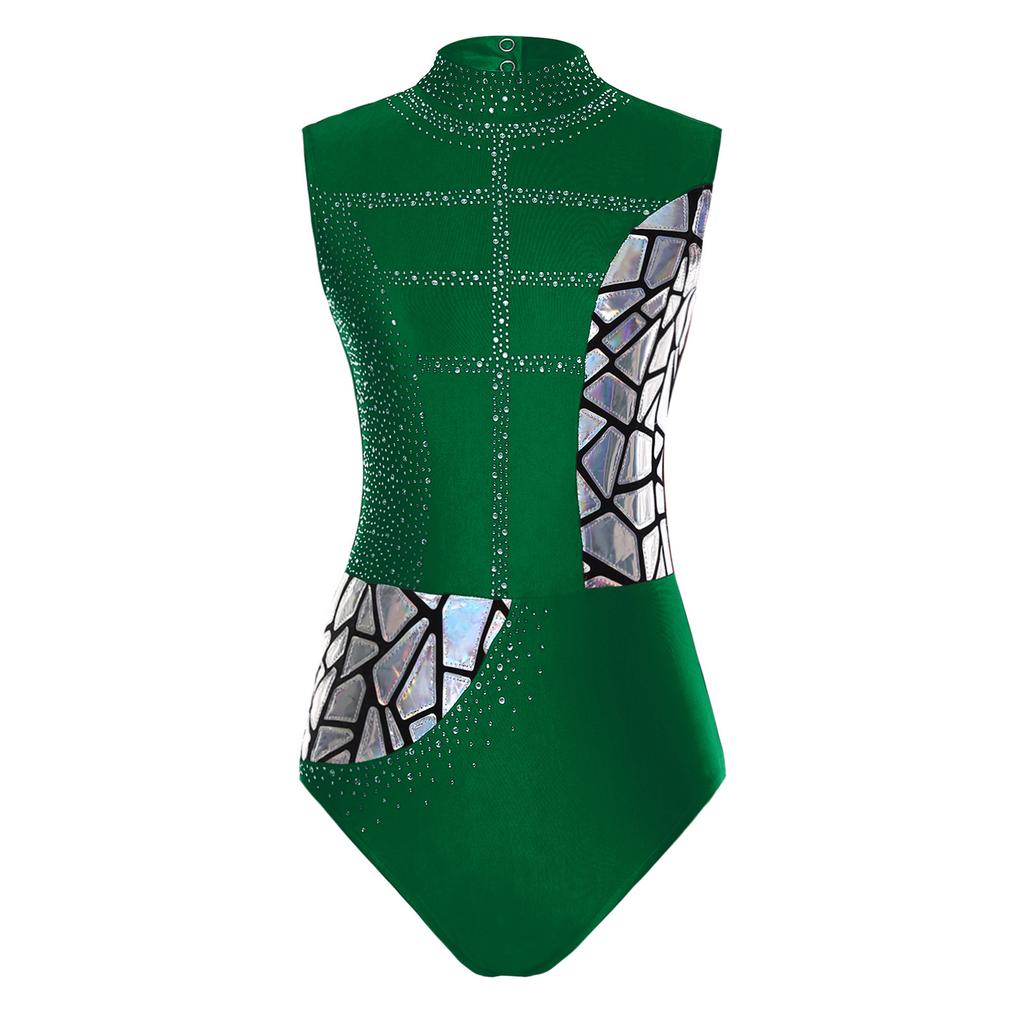 Womens Rhinestone Dance Leotard Sleeveless Cutout Back Metallic Sequins Figure Skating Bodysuit Gymnastics Performance Wear