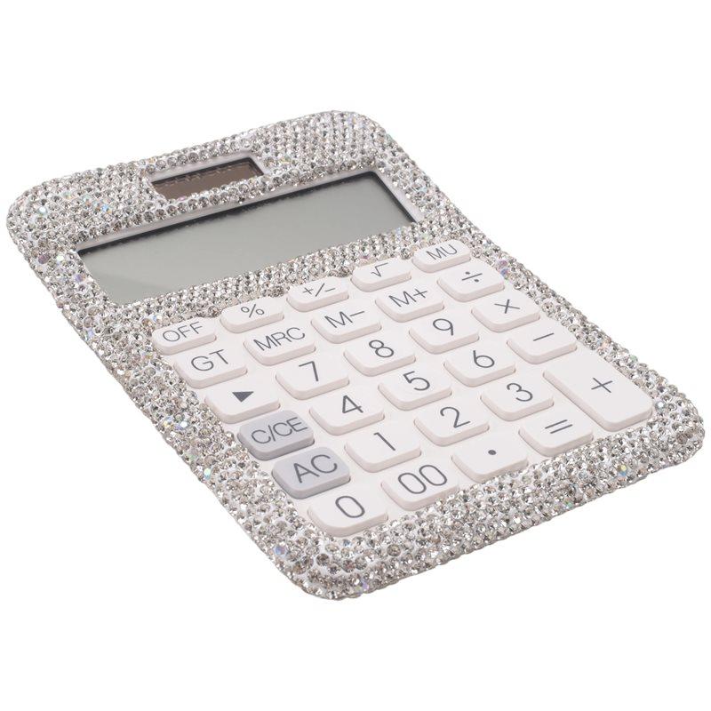 Calculator High Quality Rhinestone Crystal Dazzling 12 Digit Solar And Battery Dual Power LCD Display For Office, School White