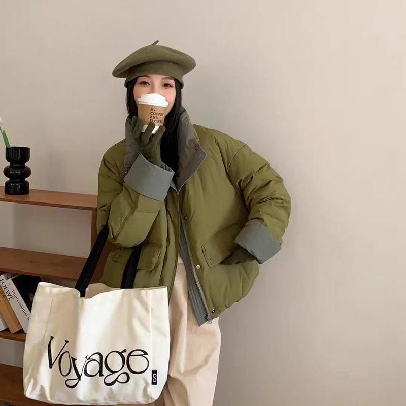 Контрастный цветной стоячий воротник-пуховик 2024 зима новый свободный модный допамин утолщенный теплый хлеб куртка