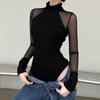 Bodysuit Women's Long-sleeve T-shirt with Spliced Netting and A One-piece Undershirt Top.