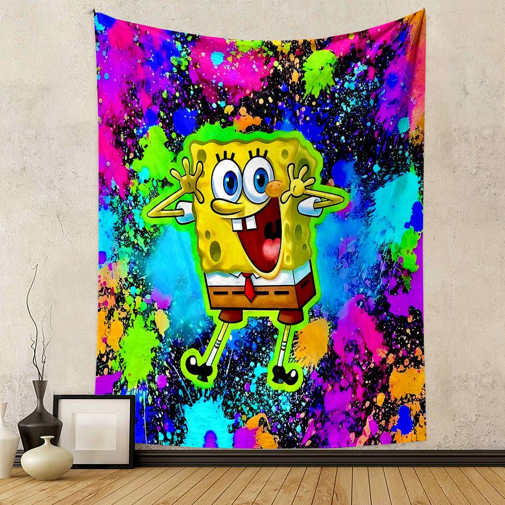 Colorful SpongeBob Splash Art Patterned tapestry home decor, suitable for bedroom and living room, gift