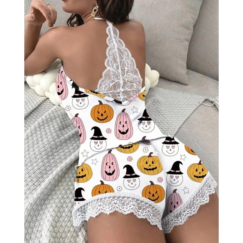 Women's Crochet Lace Pajamas Sleeveless V-Neck Set Casual Daily Wear 2 Piece Sleepwear Suit Sexy Solid Home Clothes