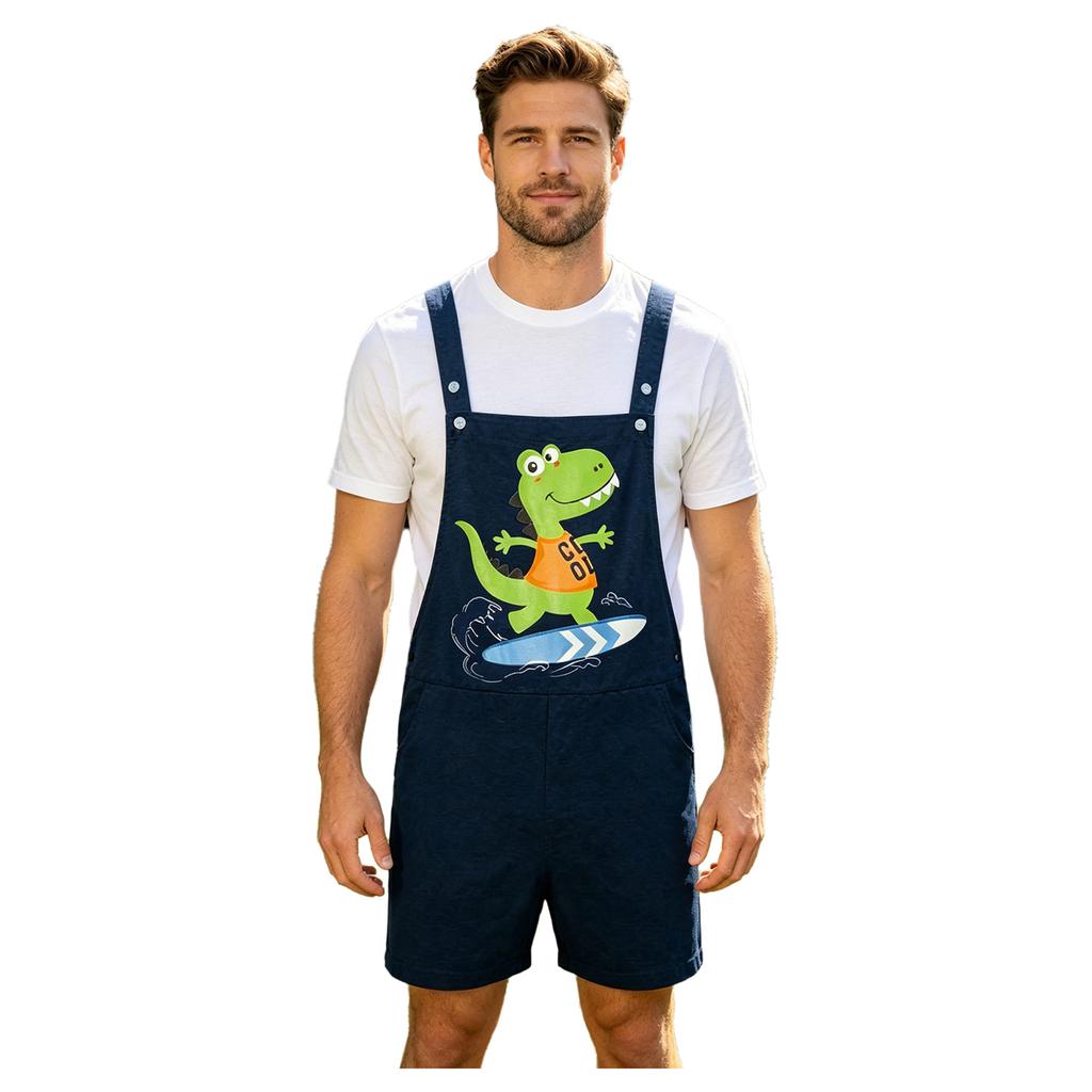 S-XXL Men Cartoon Dinosaur Printed Overalls Pajamas Back Color Blocking Pockets Adjustable Straps Bib Shorts Rompers Sleepwear